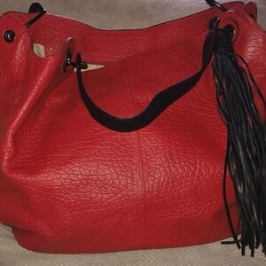 Red Leather Tote Bag with Tassel